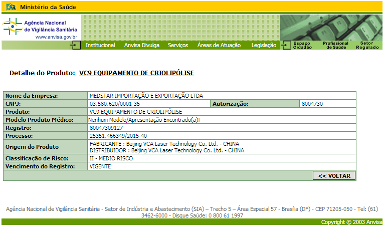 Certificado da ANVISA - Criolipólise Asgard Adoxy